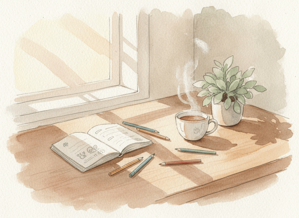 Cahier d'école et tasse de thé sur une table l'après-midi, aquarelle