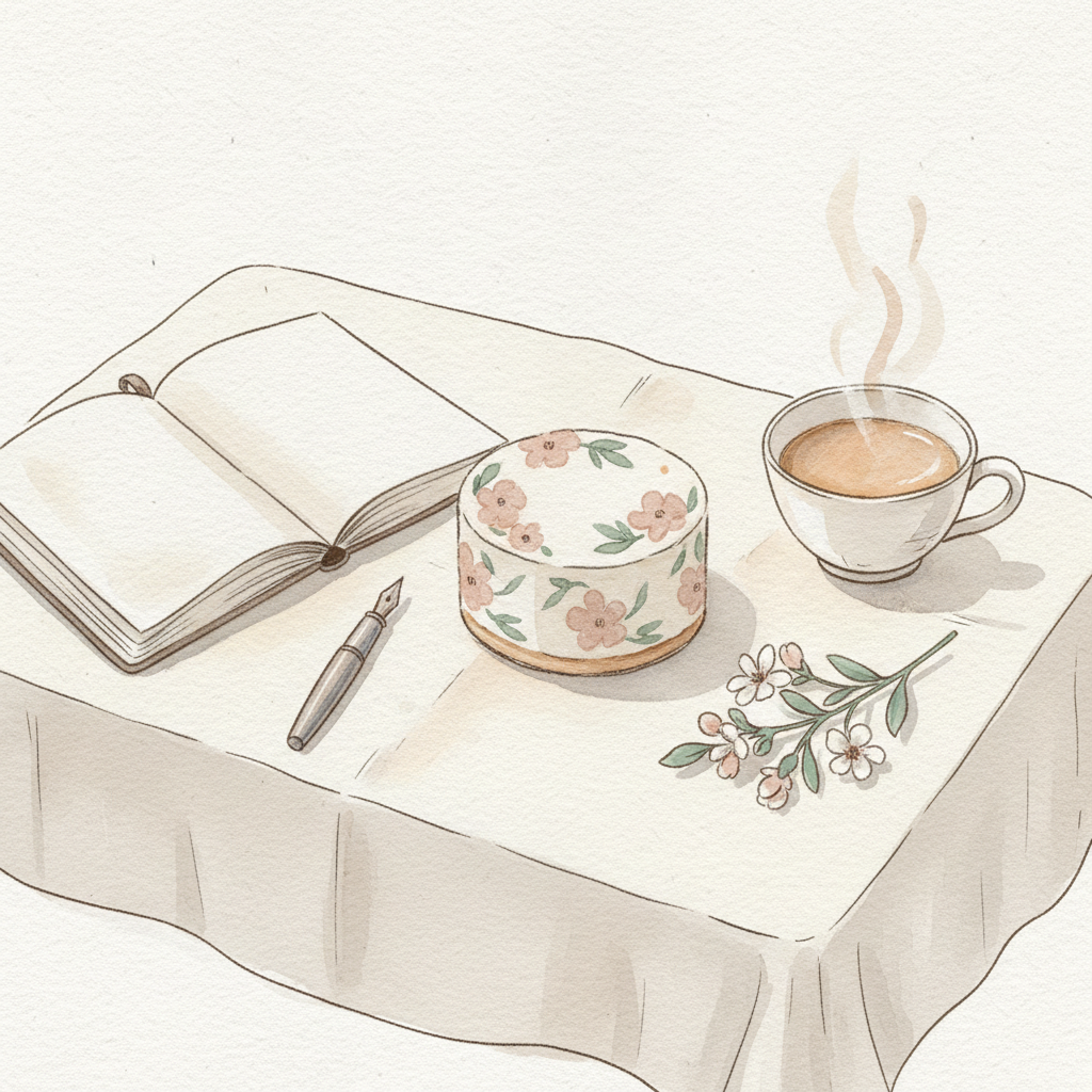 Petit gâteau, carnet, tasse et fleurs, aquarelle
