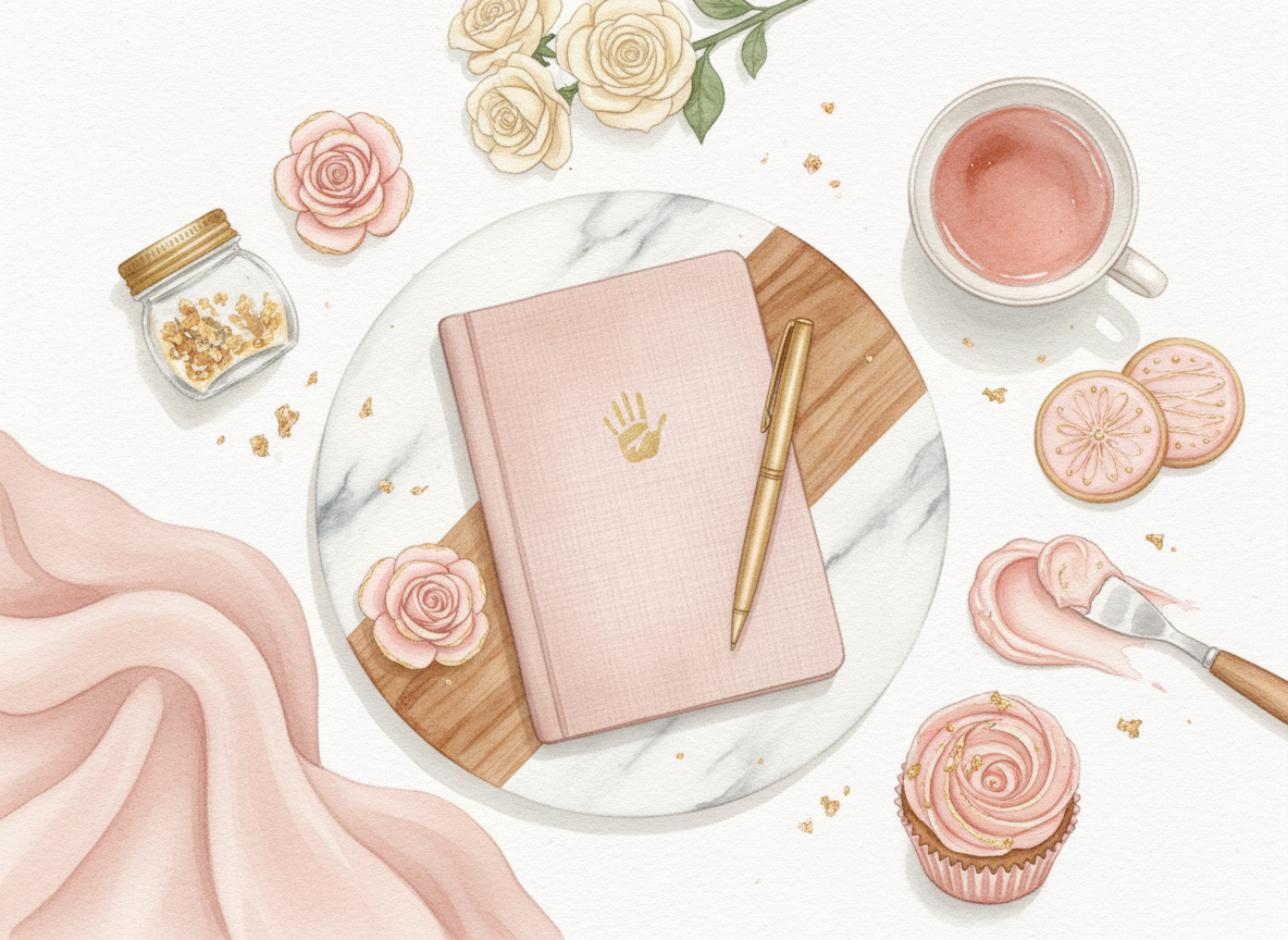 Carnet rose avec une empreinte de main dorée, stylo, roses en sucre, cupcake et tasse de thé, aquarelle