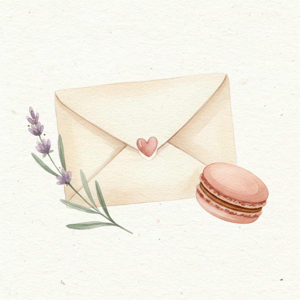 Enveloppe scellée d'un petit cœur avec un macaron, aquarelle