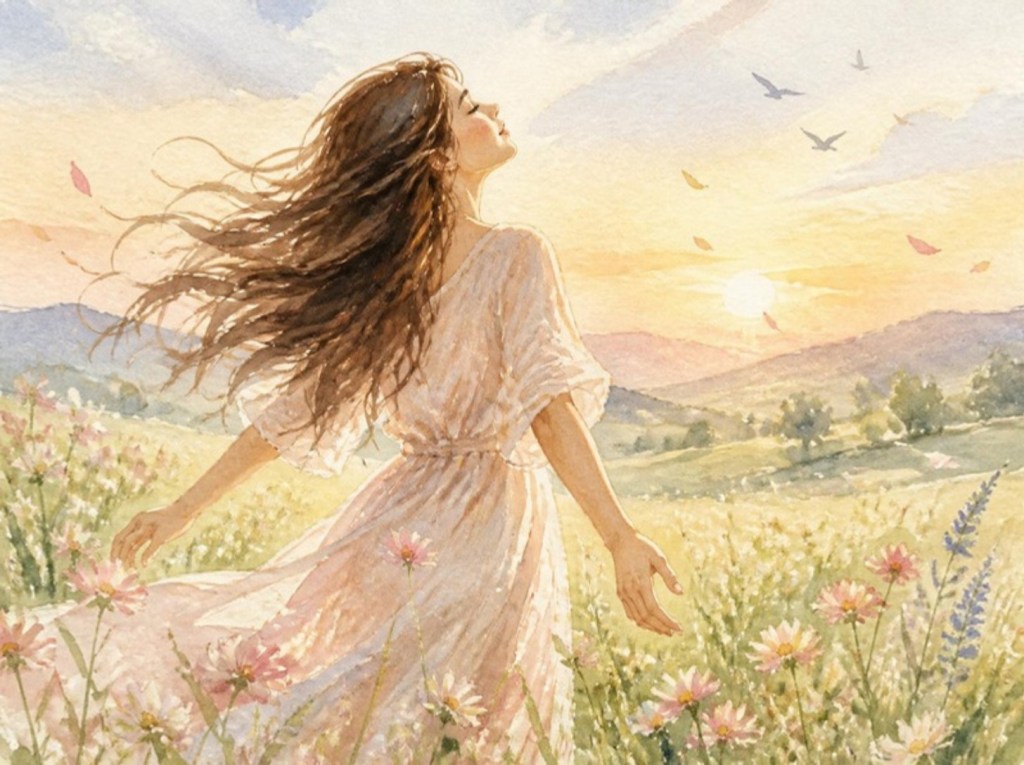 Femme aux longs cheveux bruns dans le vent, les yeux fermés, dans une prairie fleurie au lever du soleil, aquarelle