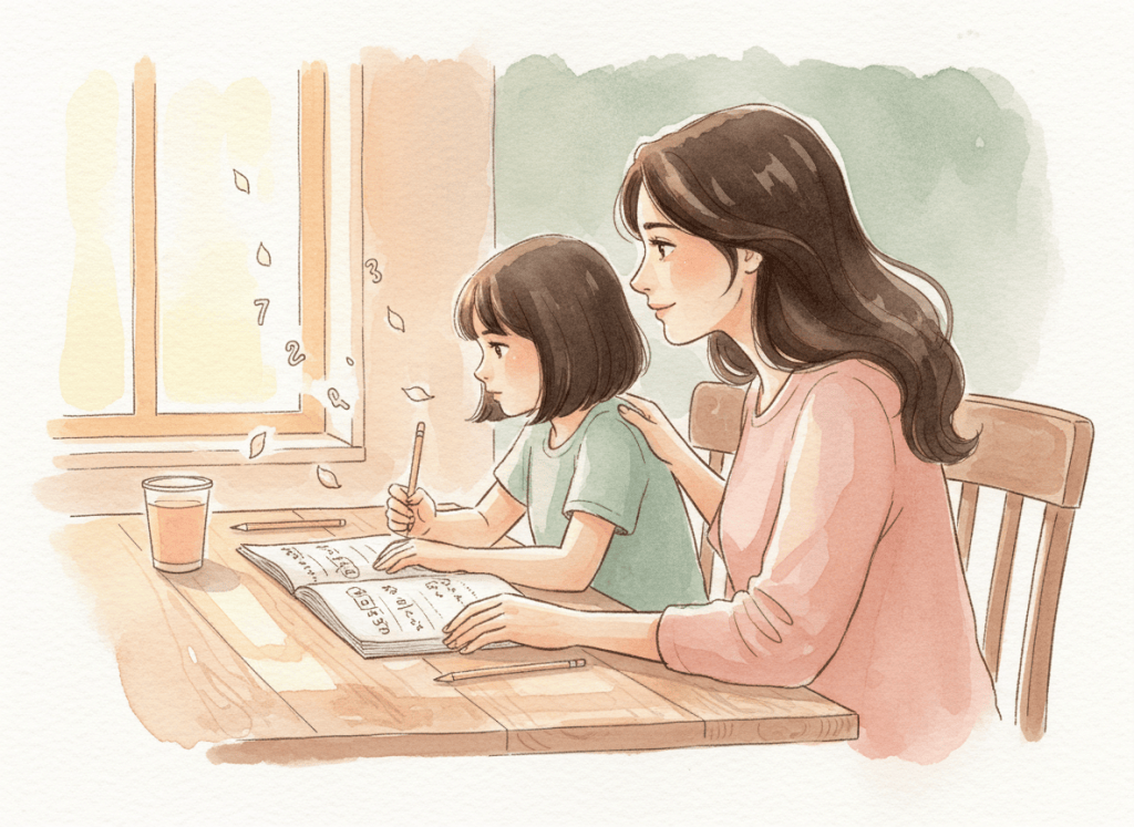 Aquarelle d'une maman brune assise à côté de sa petite fille aux cheveux bruns au carré, penchée sur un cahier de maths, la main posée sur son épaule