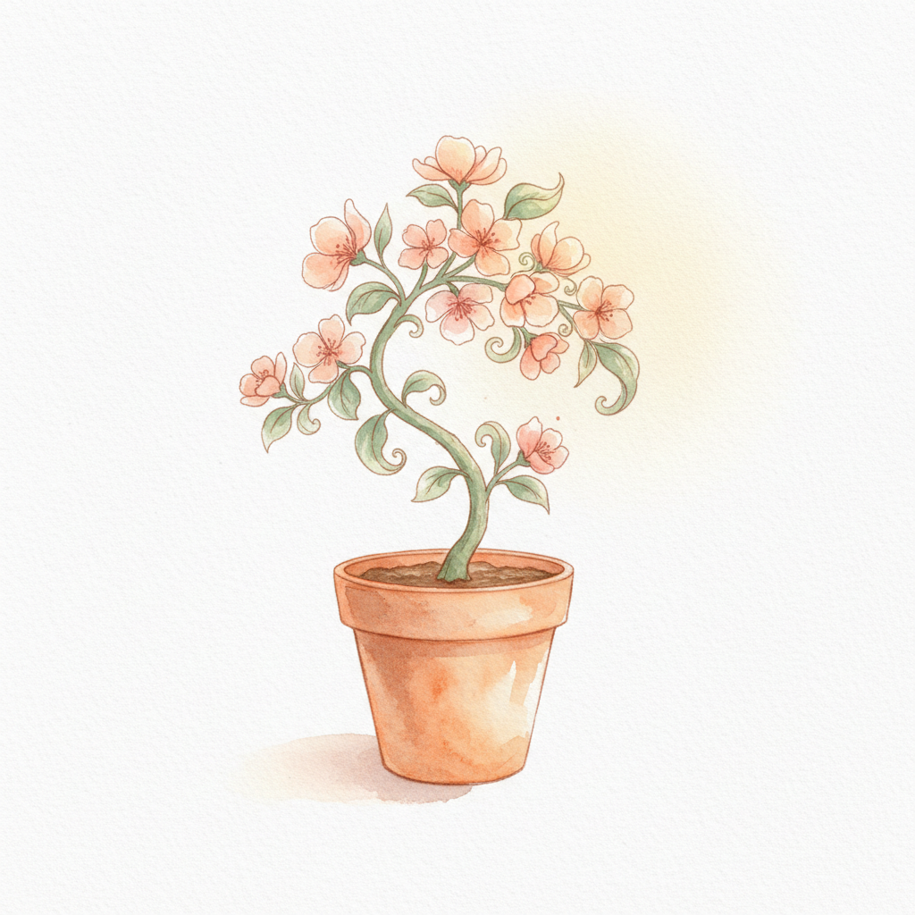 Petite plante qui pousse un peu de travers mais en fleurs, aquarelle