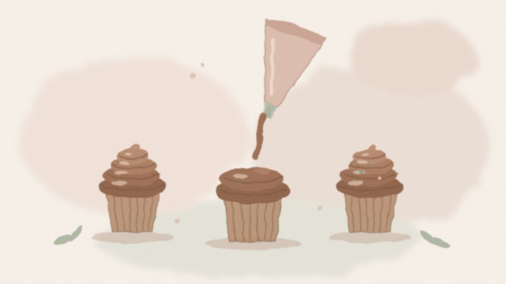 Aquarelle de trois cupcakes au chocolat, l'un en train d'être poché à la poche à douille