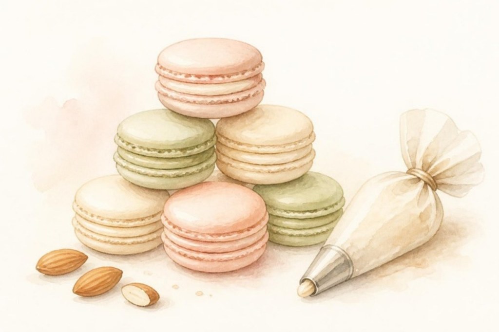 Aquarelle d'une pyramide de macarons pastel avec une poche à douille et des amandes