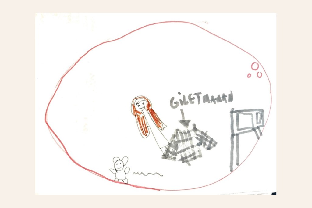 Dessin d'enfant : une petite fille dans sa bulle de sécurité, avec son doudou et le gilet de sa maman